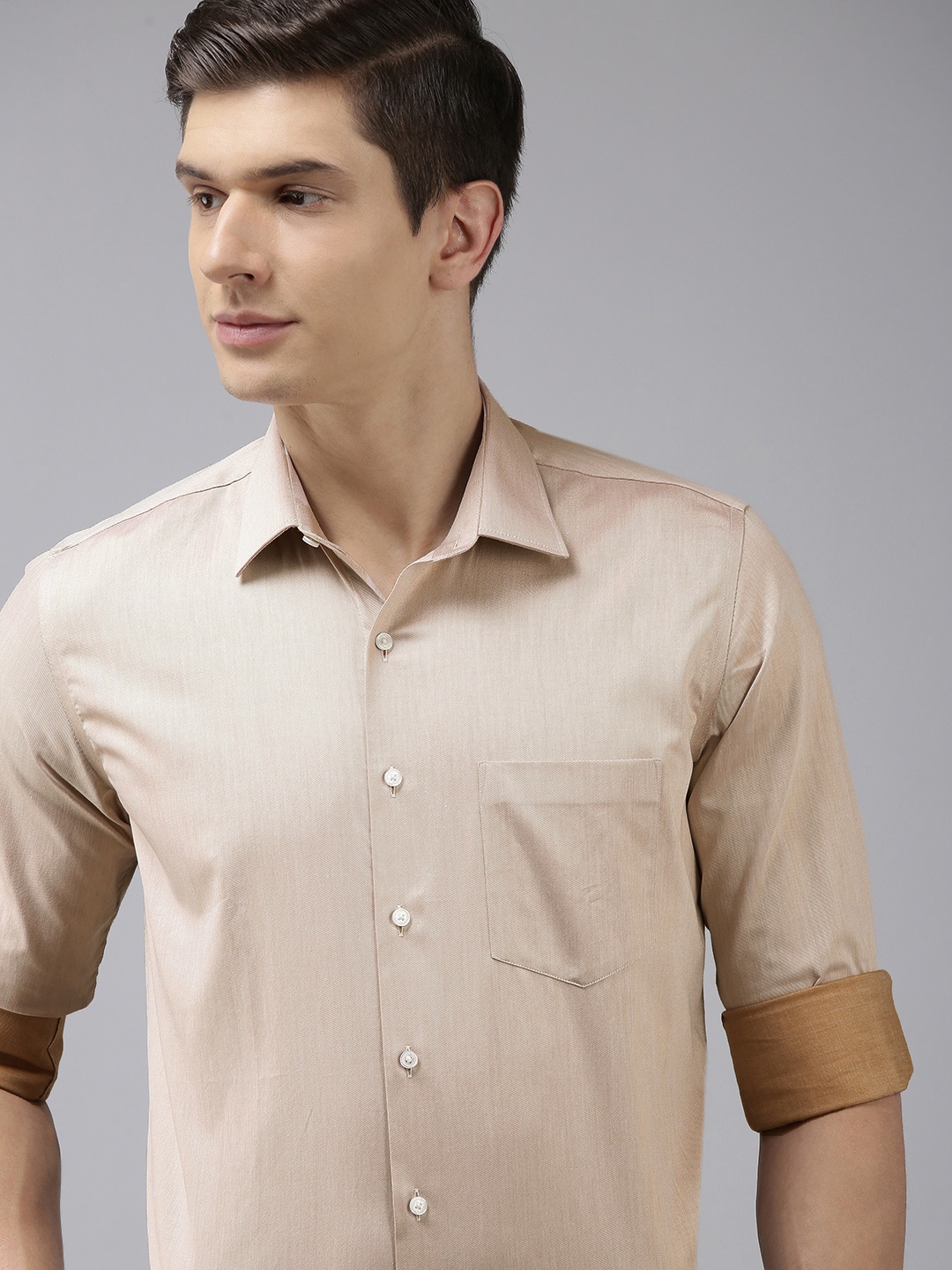 

Van Heusen Men Beige Standard Slim Fit Solid Opaque Pure Cotton Formal Shirt with Pocket