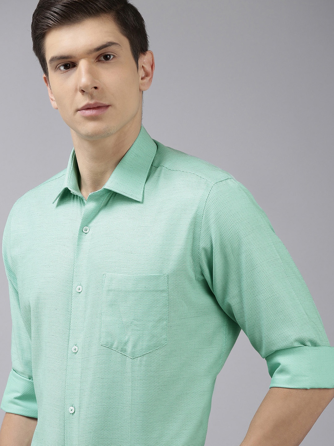 

Van Heusen Men Aqua Green Custom Fit Textured Self Design Pure Cotton Formal Shirt