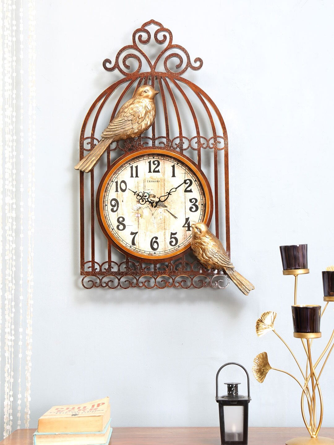 

Athome by Nilkamal Gold-Toned & Cream-Coloured Textured Bird Cage Contemporary Wall Clock