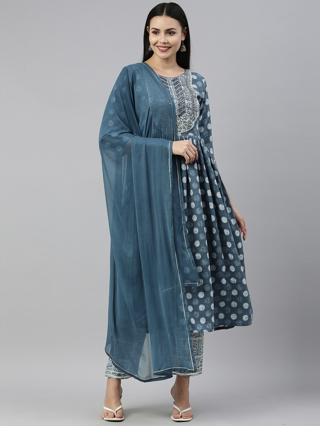 

SheWill Women Navy Blue Embroidered Mirror Work Kurta with Trousers & With Dupatta
