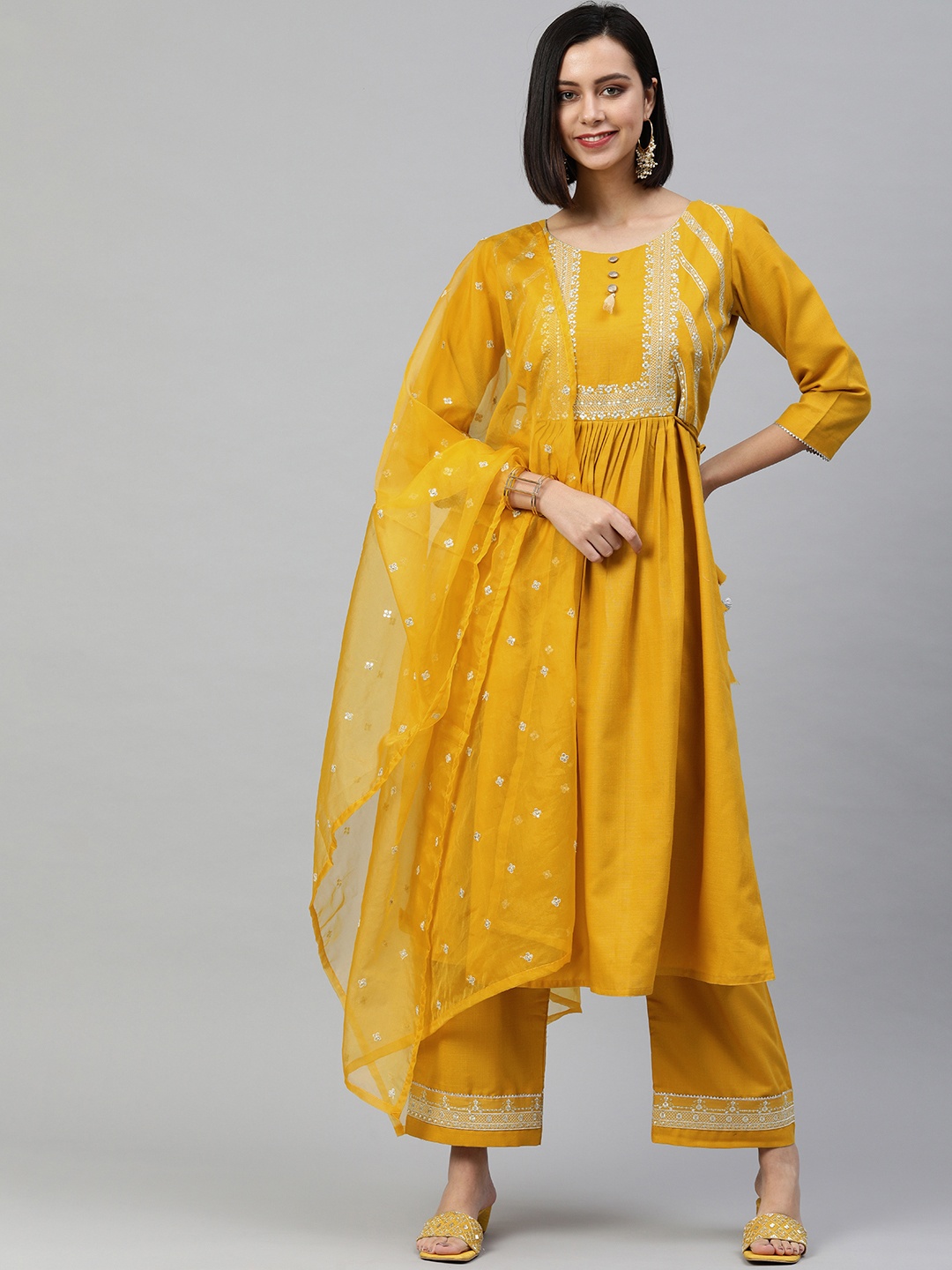 

SheWill Women Mustard Yellow Floral Embroidered Kurta with Trousers & With Dupatta