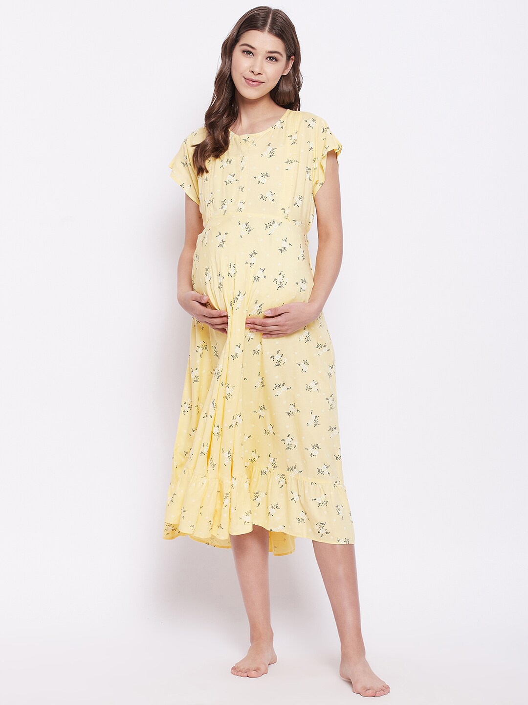

Hypernation Women Yellow & White Floral Printed Maternity Nightdress