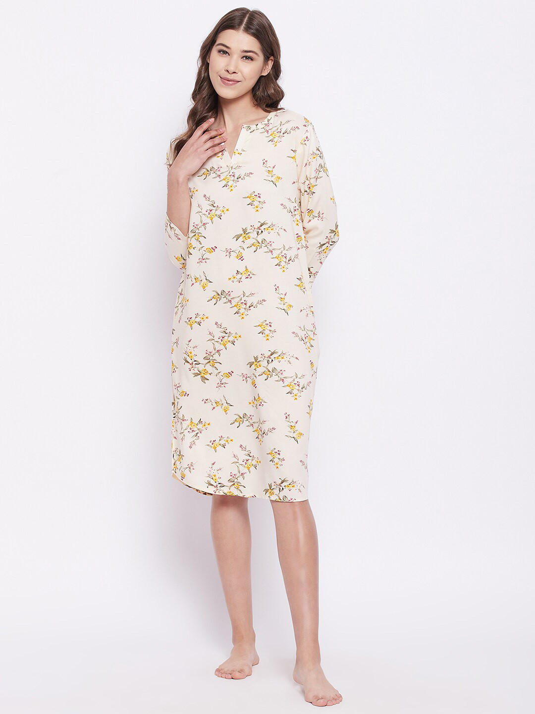 

Hypernation Beige & Yellow Floral Printed Nightdress