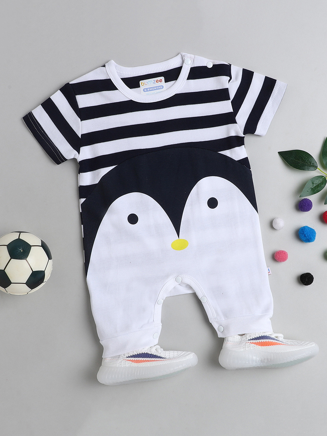

BUMZEE Infant Boys Navy Blue & White Striped Cotton Romper