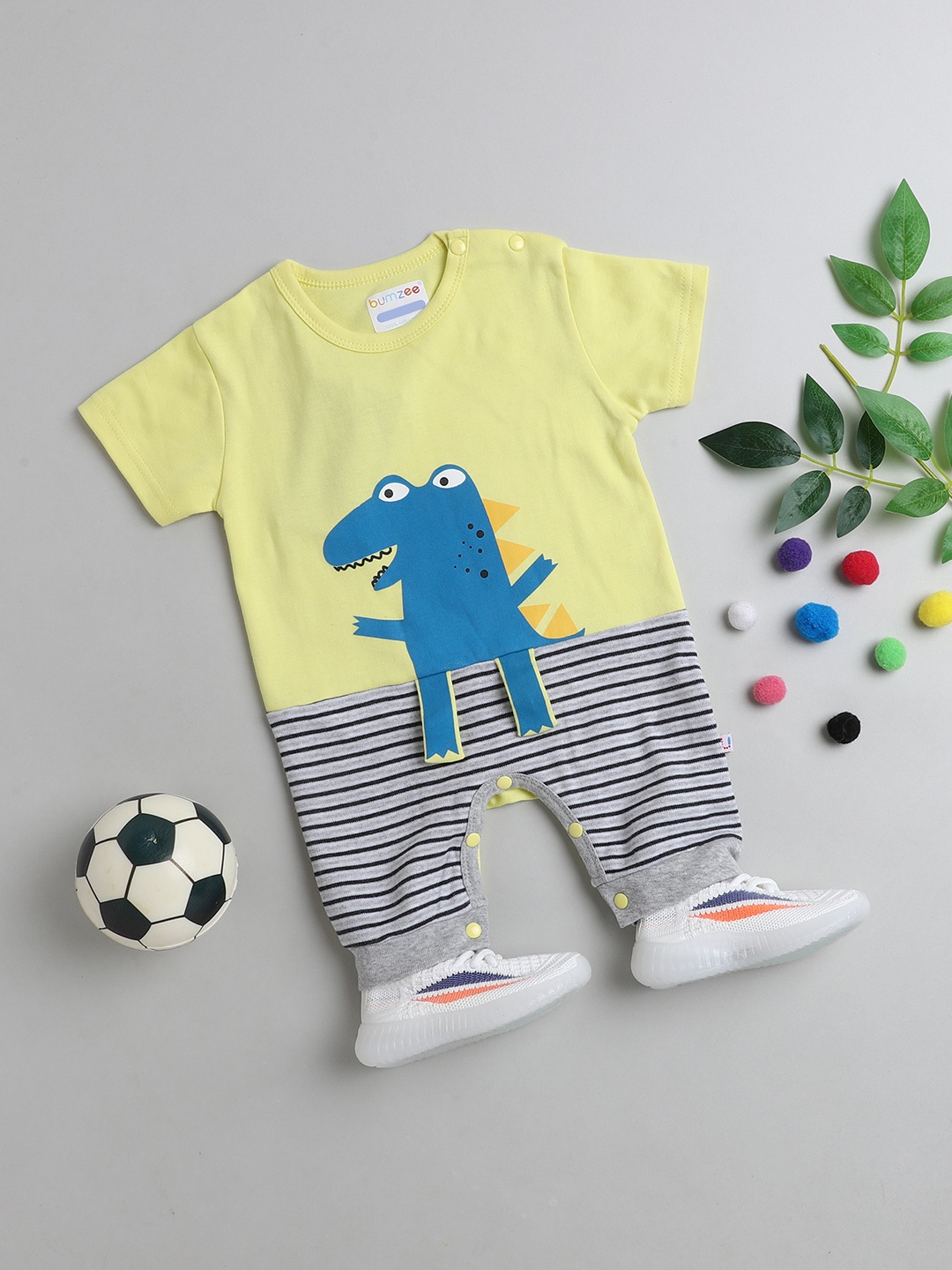 

BUMZEE Infant Boys Yellow & Grey Printed Pure Cotton Rompers