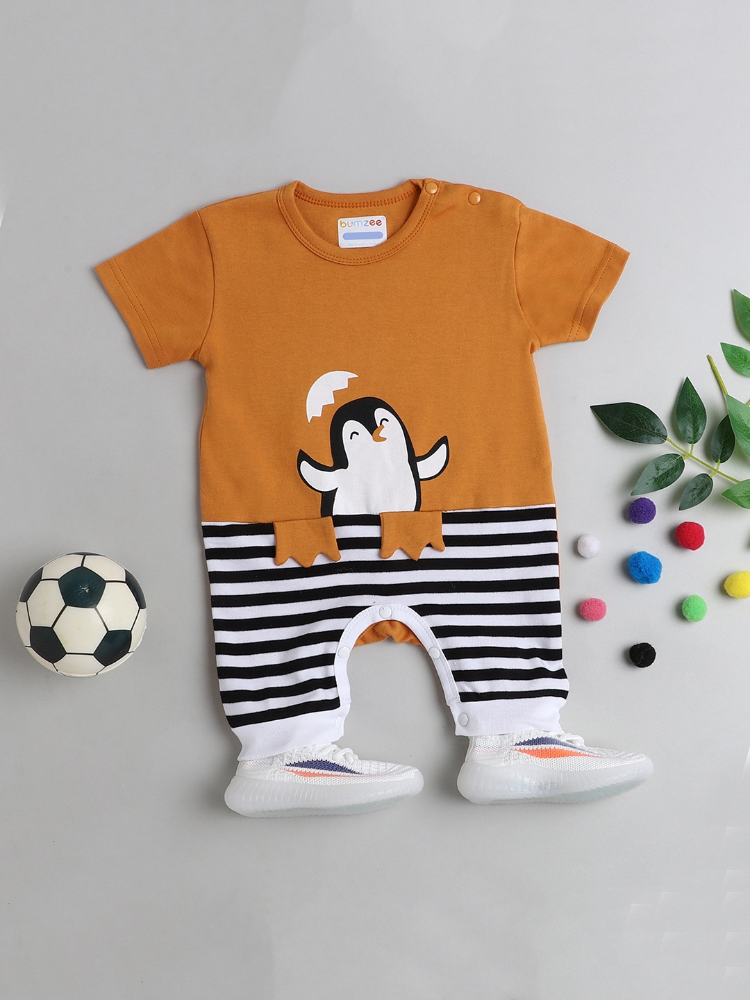 

BUMZEE Boys Mustard & White Printed Cotton Romper