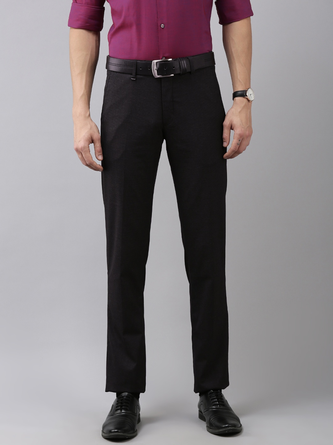 

Van Heusen Men Charcoal Black Textured Self Design Slim Fit Mid-Rise Plain Formal Trousers