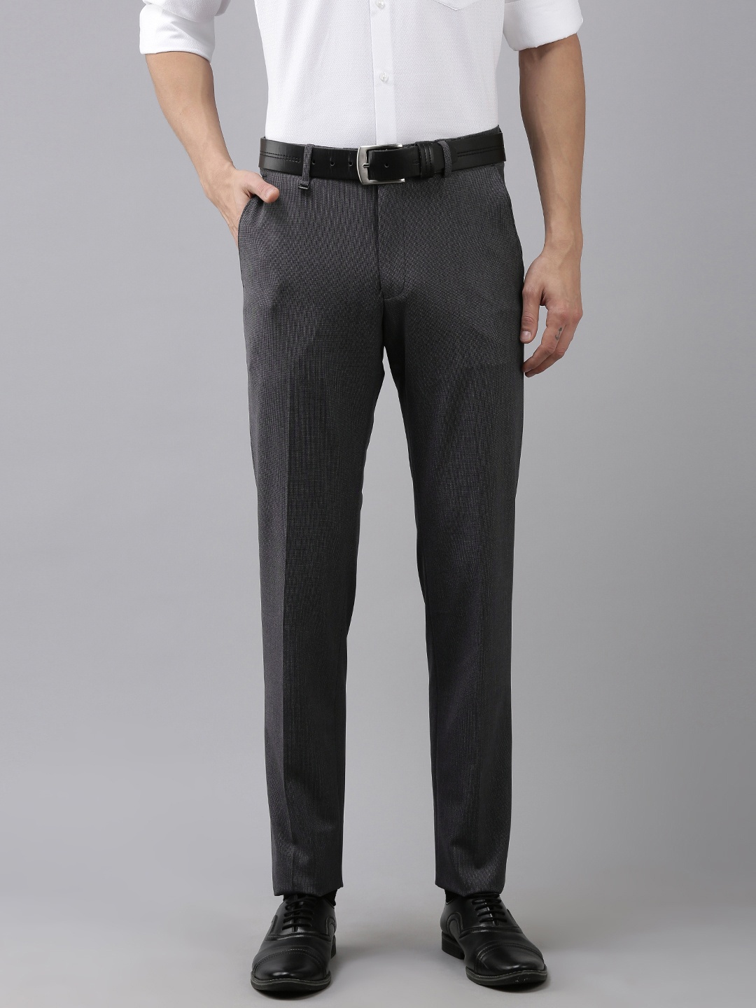 

Van Heusen Men Charcoal Grey Textured Self Design Slim Fit Mid-Rise Plain Formal Trousers