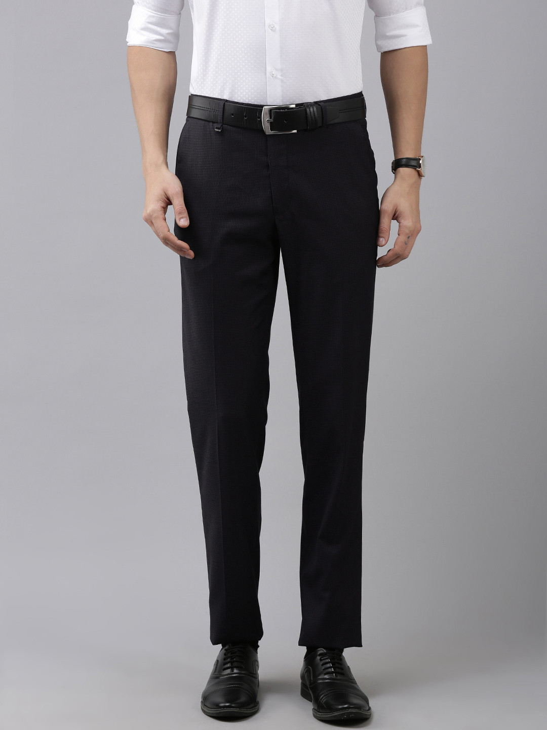 

Van Heusen Men Blue Checked Slim Fit Mid-Rise Plain Woven Flat-Front Formal Trousers