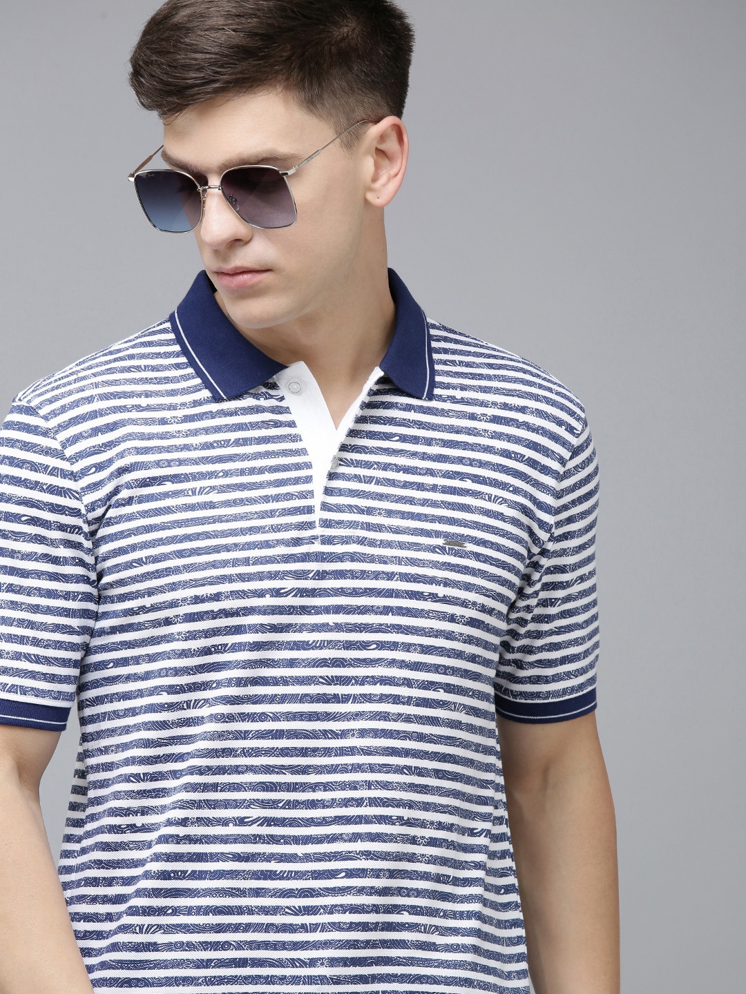

Van Heusen Men Striped Polo Collar Pure Cotton T-shirt, Navy blue
