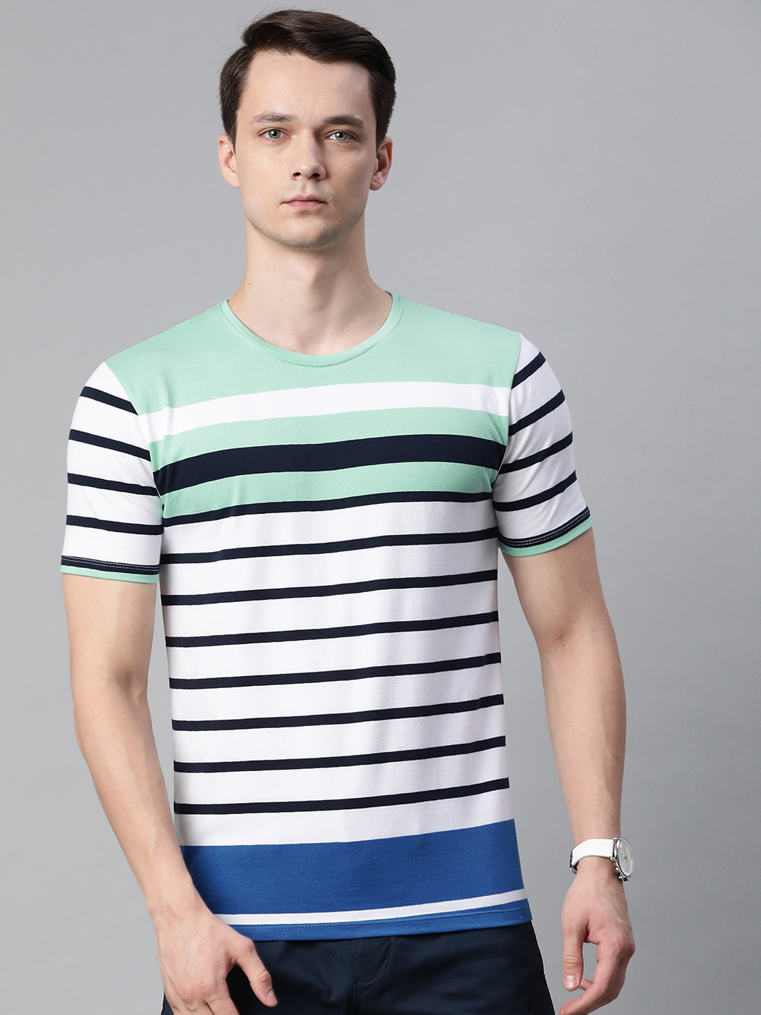 

Pierre Carlo Men White & Black Striped T-shirt