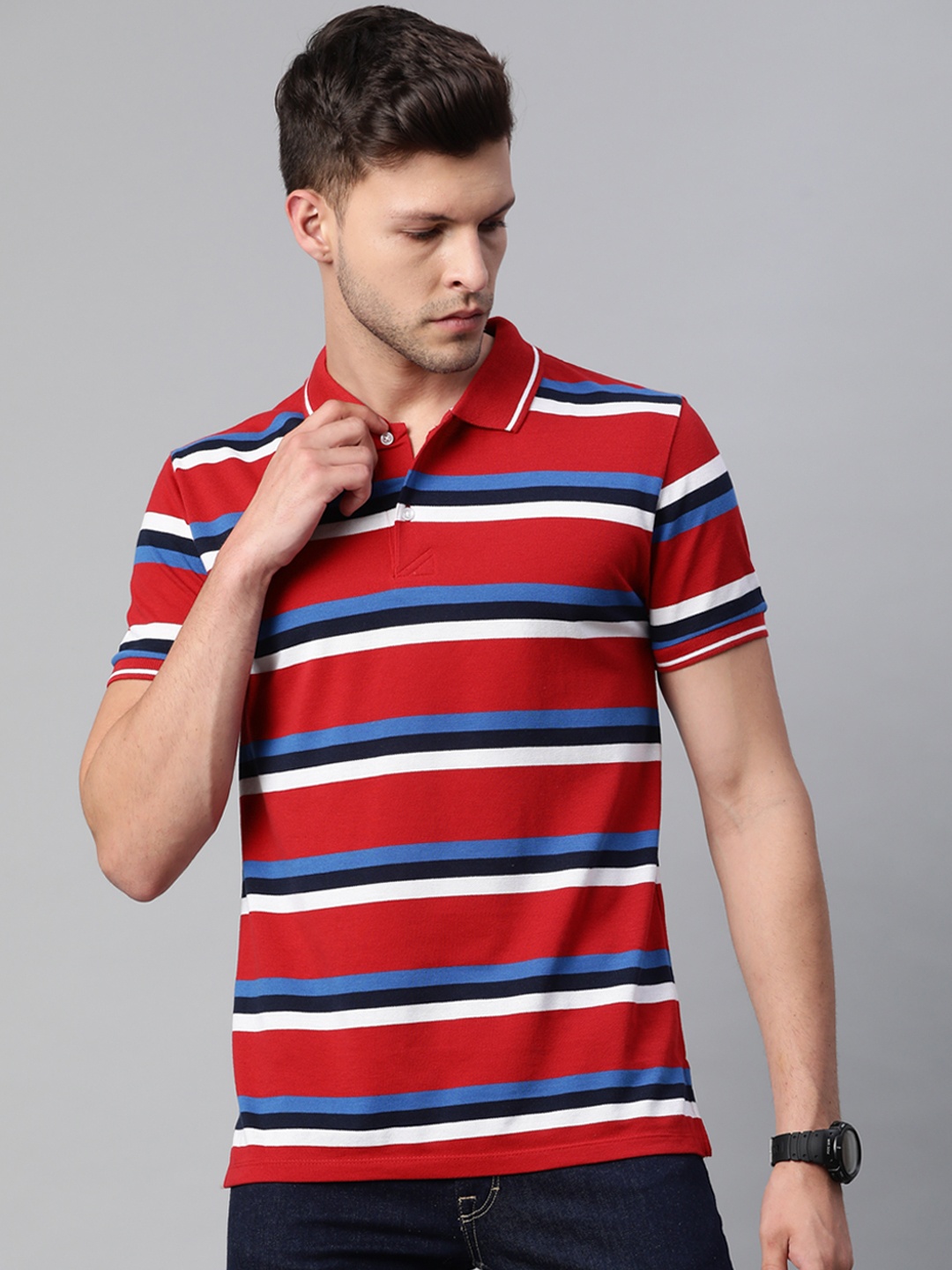 

Pierre Carlo Men Red & Blue Striped Polo Collar T-shirt