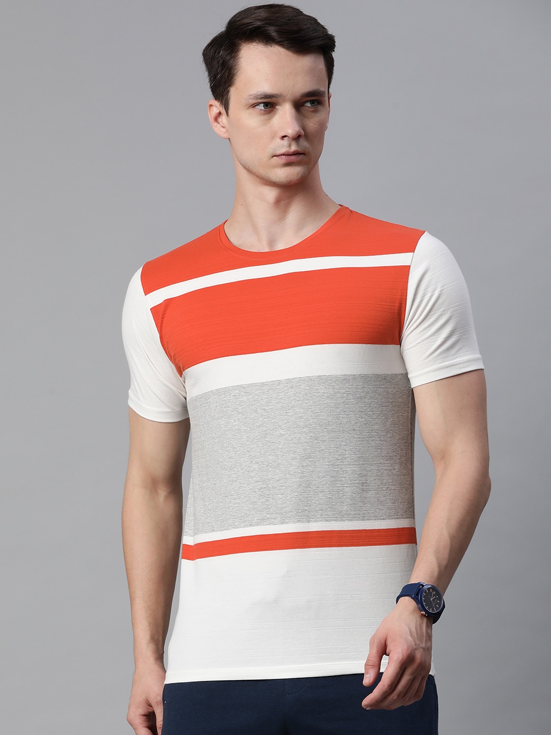 

Pierre Carlo Men Orange & Grey Melange Colourblocked T-shirt