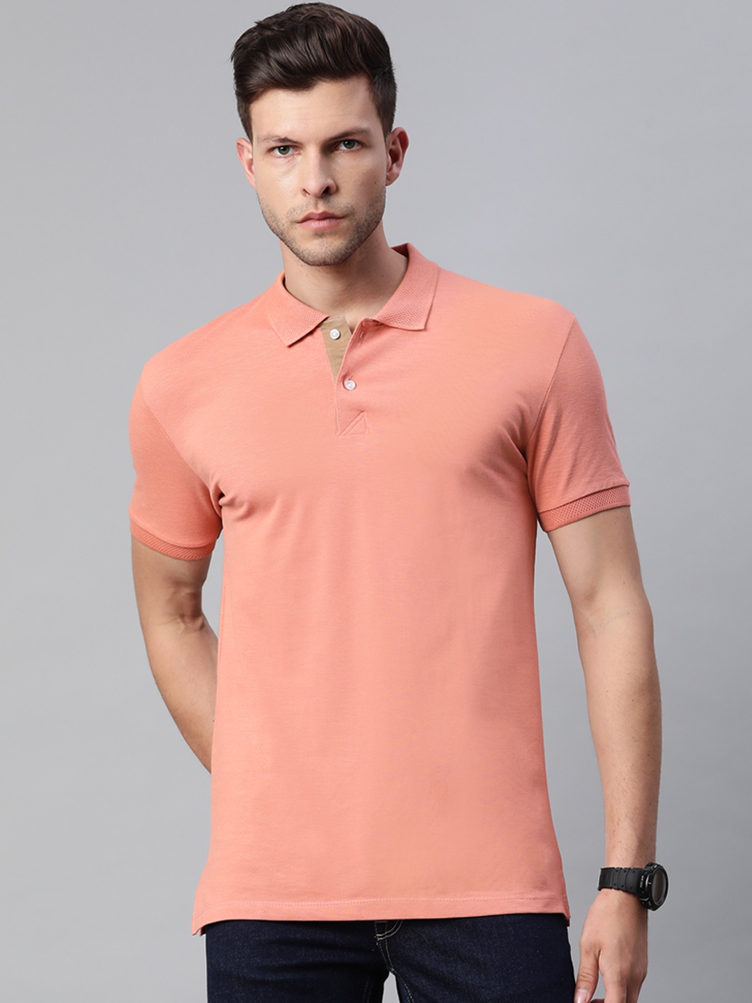 

Pierre Carlo Men Peach-Coloured Solid Polo Collar T-shirt