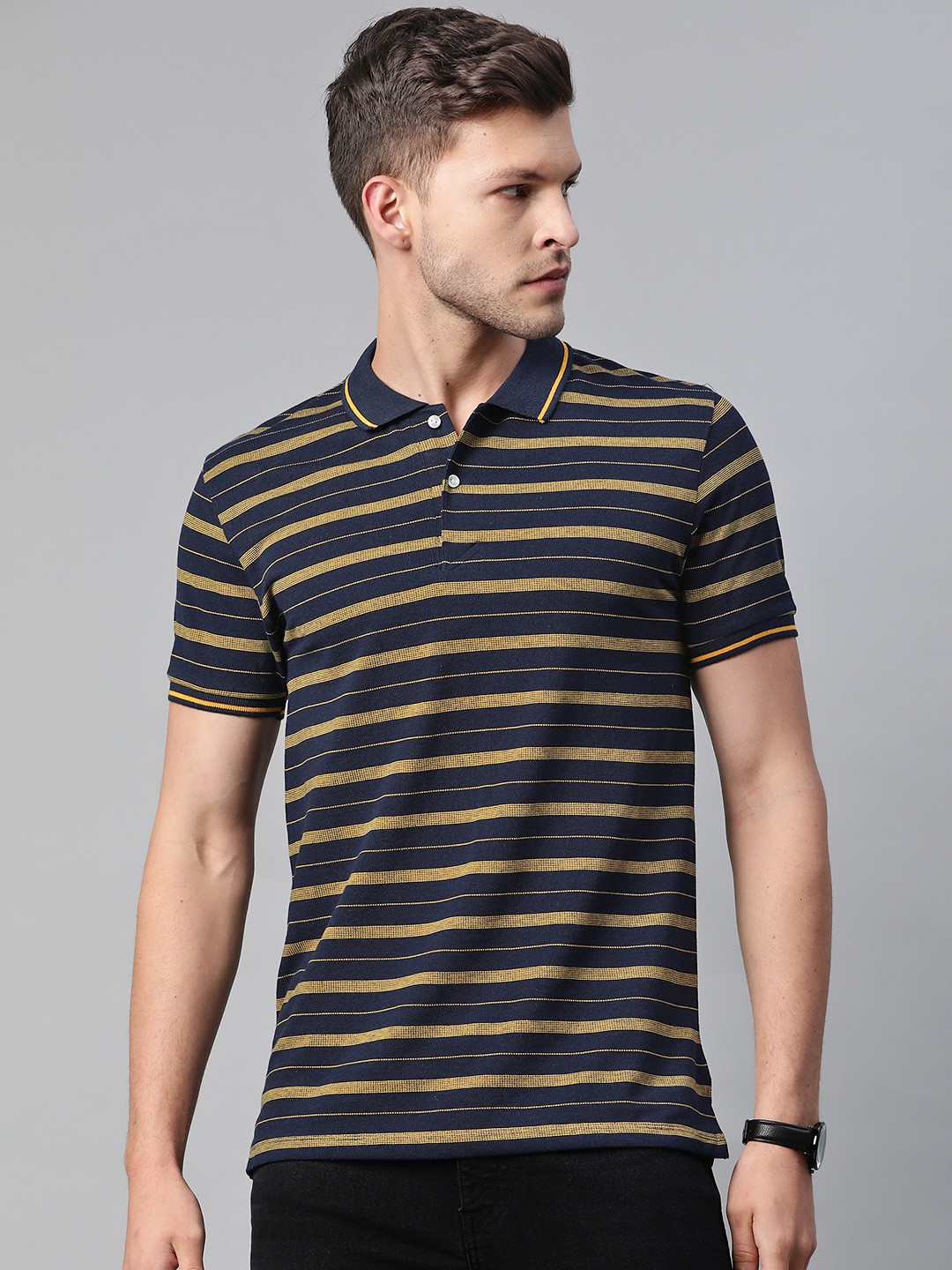 

Pierre Carlo Men Navy Blue & Mustard Yellow Striped Polo Collar T-shirt