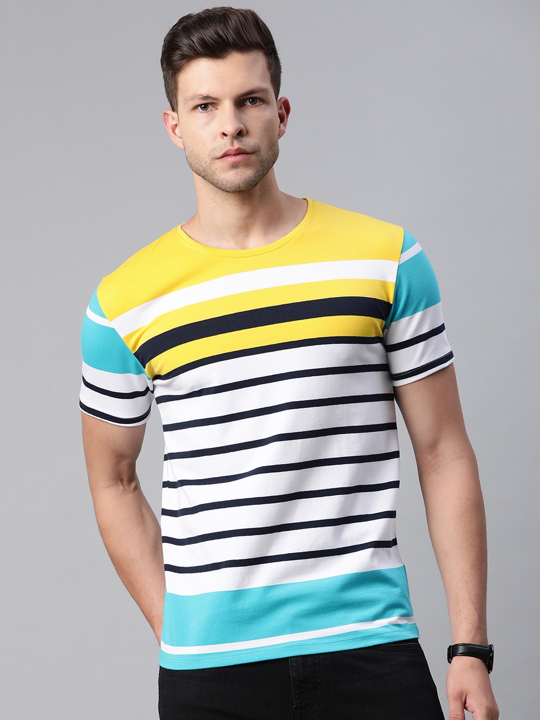 

Pierre Carlo Men White & Yellow Striped T-shirt
