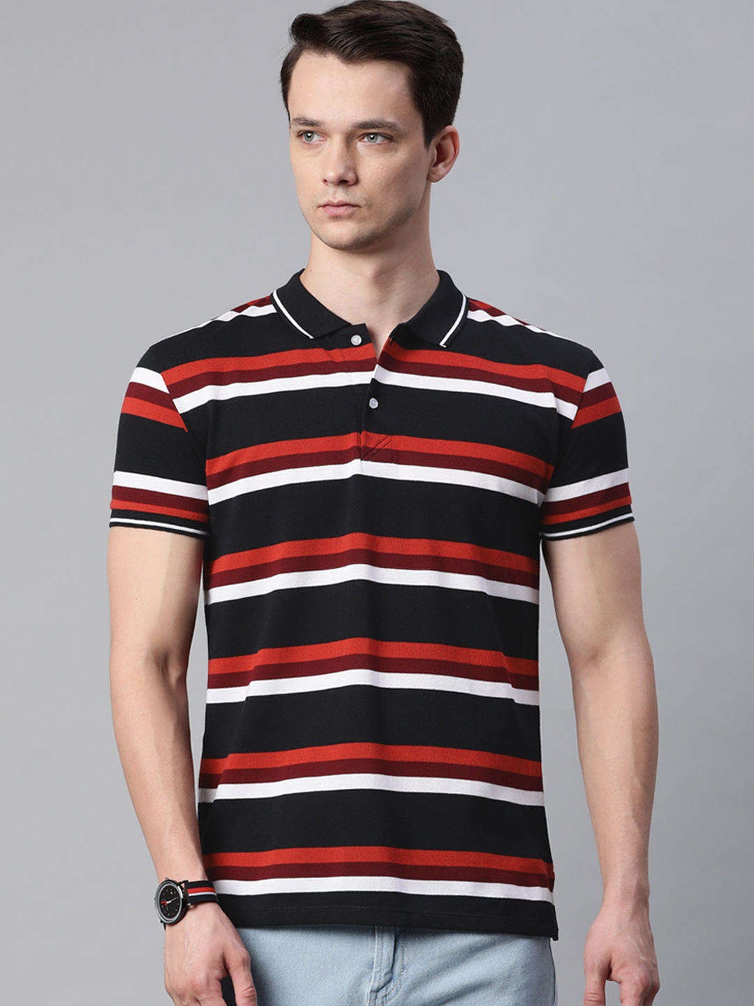 

Pierre Carlo Men Black & Red Striped Polo Collar T-shirt