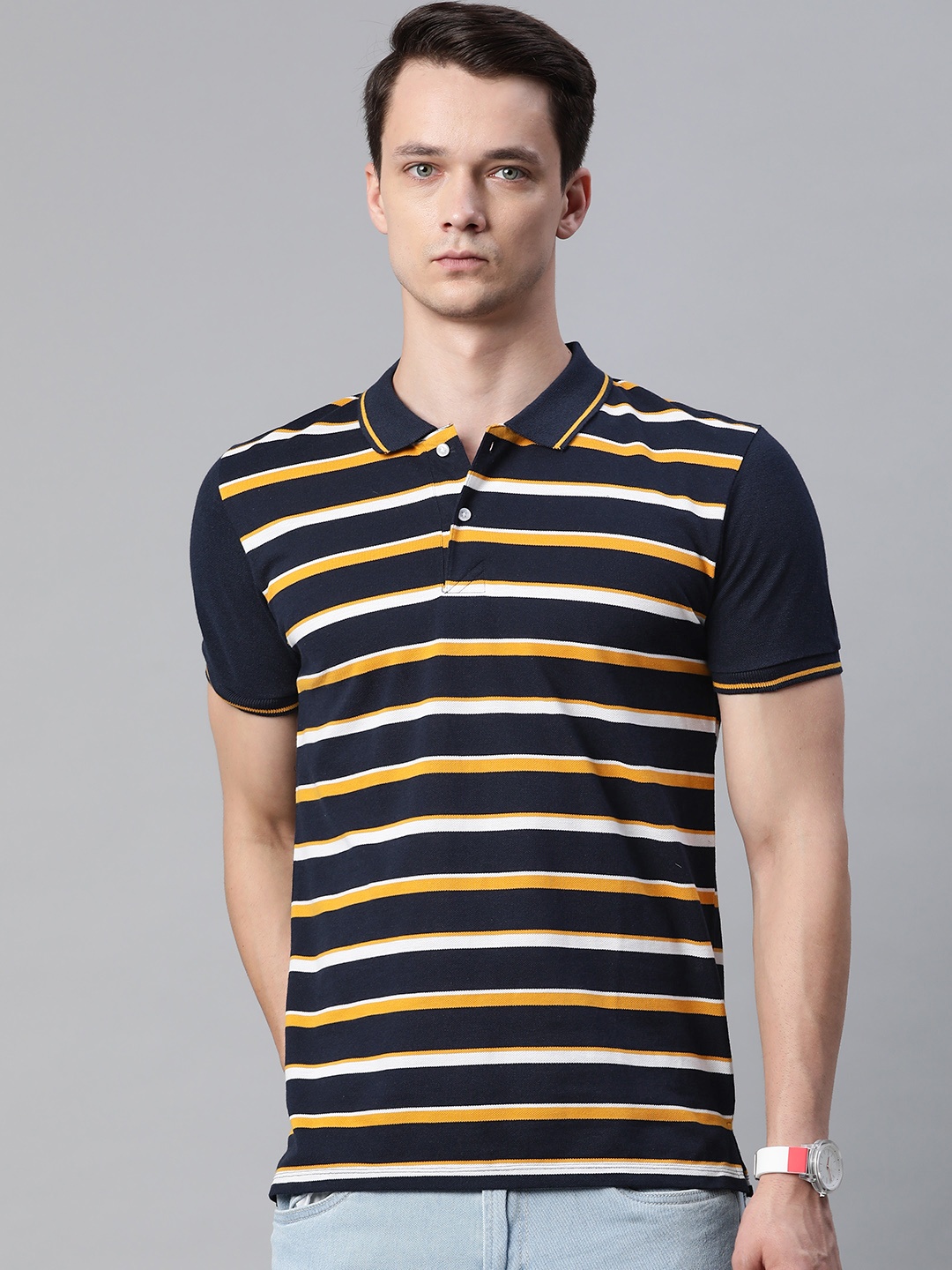 

Pierre Carlo Men Navy Blue & Mustard Yellow Striped Polo Collar T-shirt