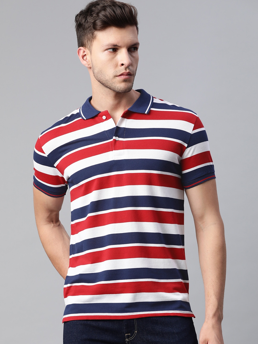 

Pierre Carlo Men Red & White Striped Polo Collar T-shirt