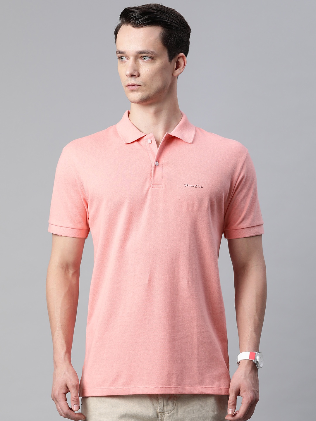 

Pierre Carlo Men Peach-Coloured Solid Polo Collar T-shirt