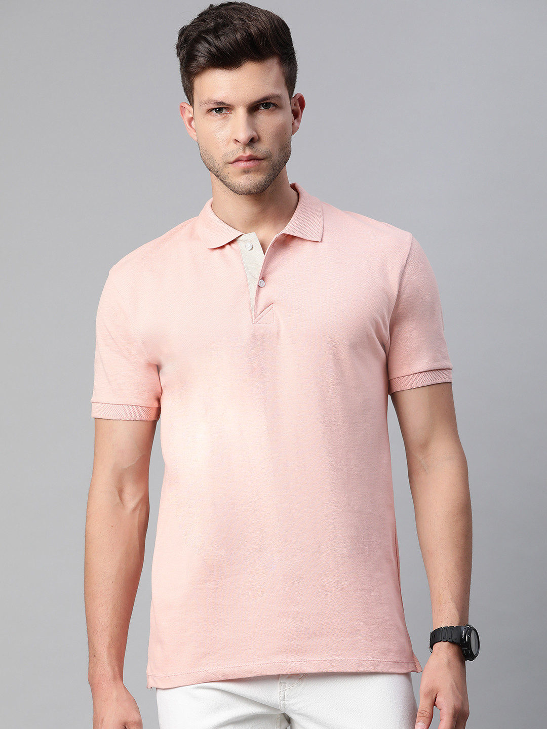 

Pierre Carlo Men Peach-Coloured Solid Polo Collar T-shirt