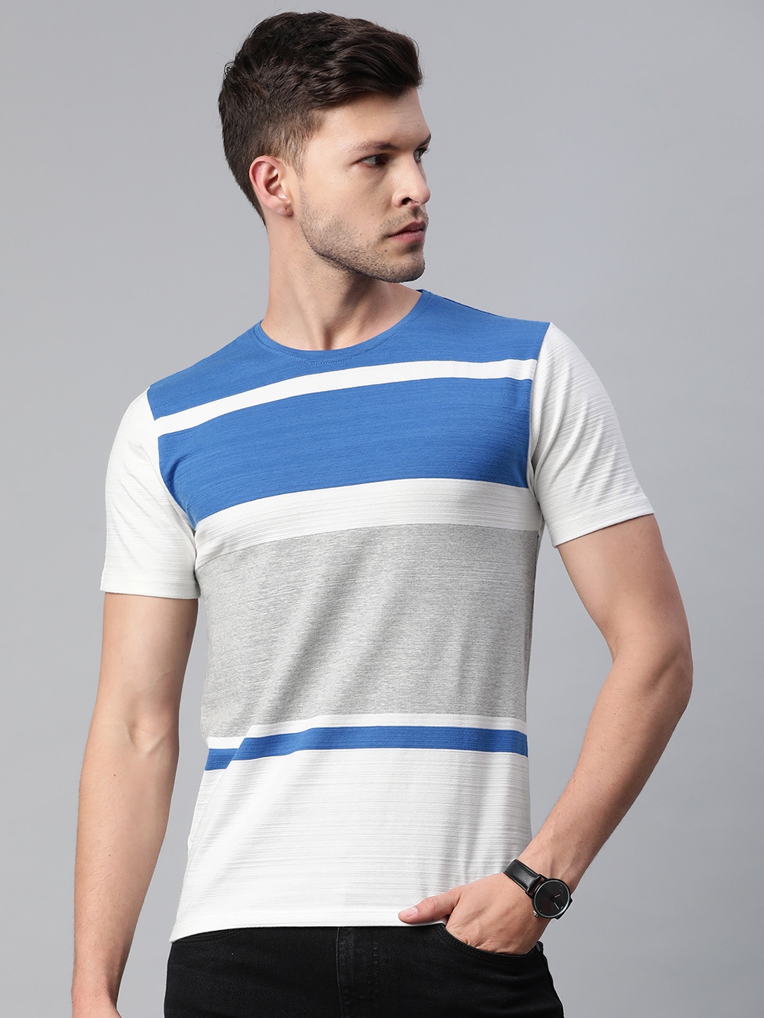 

Pierre Carlo Men Blue & Grey Melange Colourblocked T-shirt