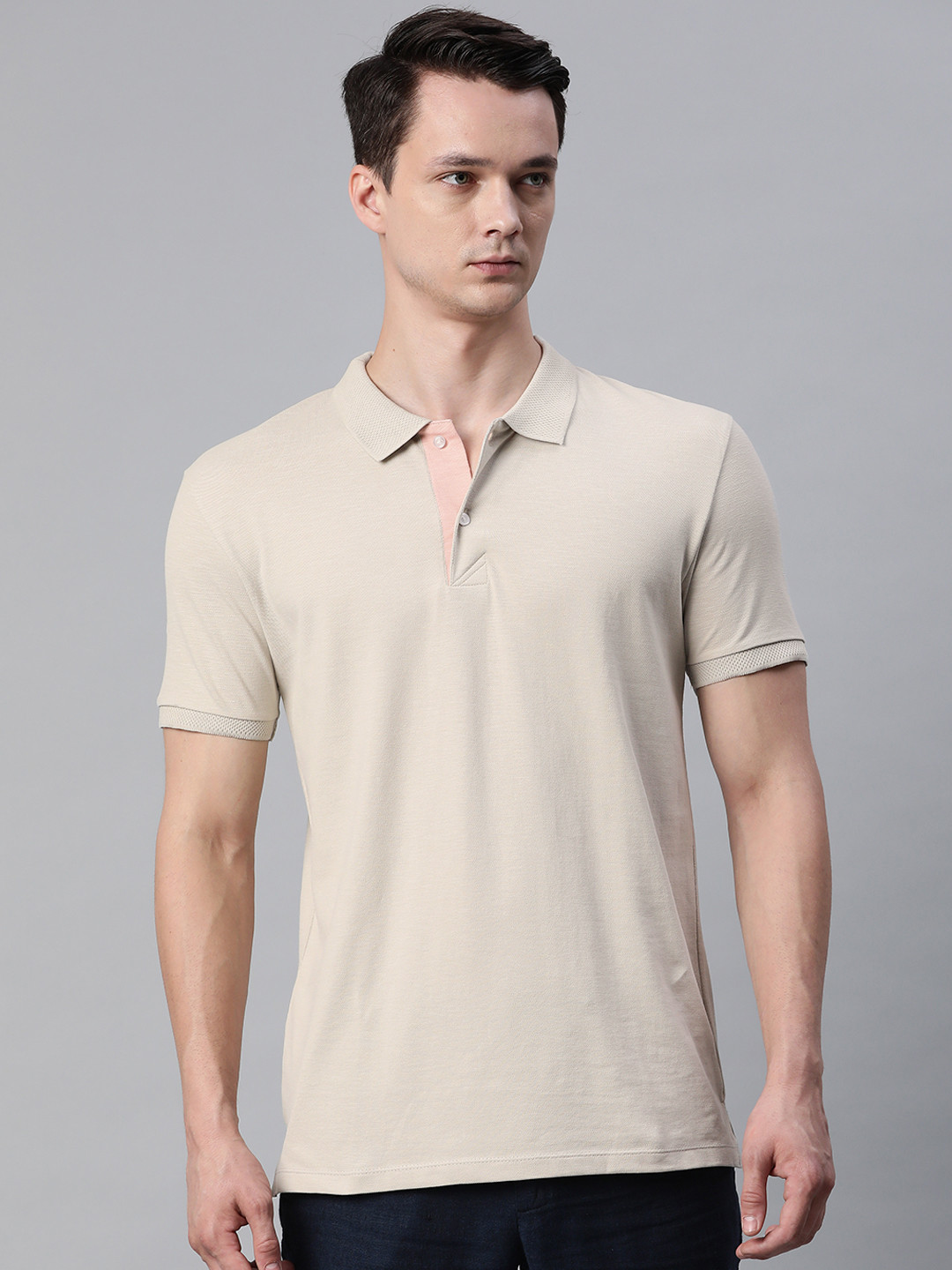 

Pierre Carlo Men Cream-Coloured Solid Polo Collar T-shirt