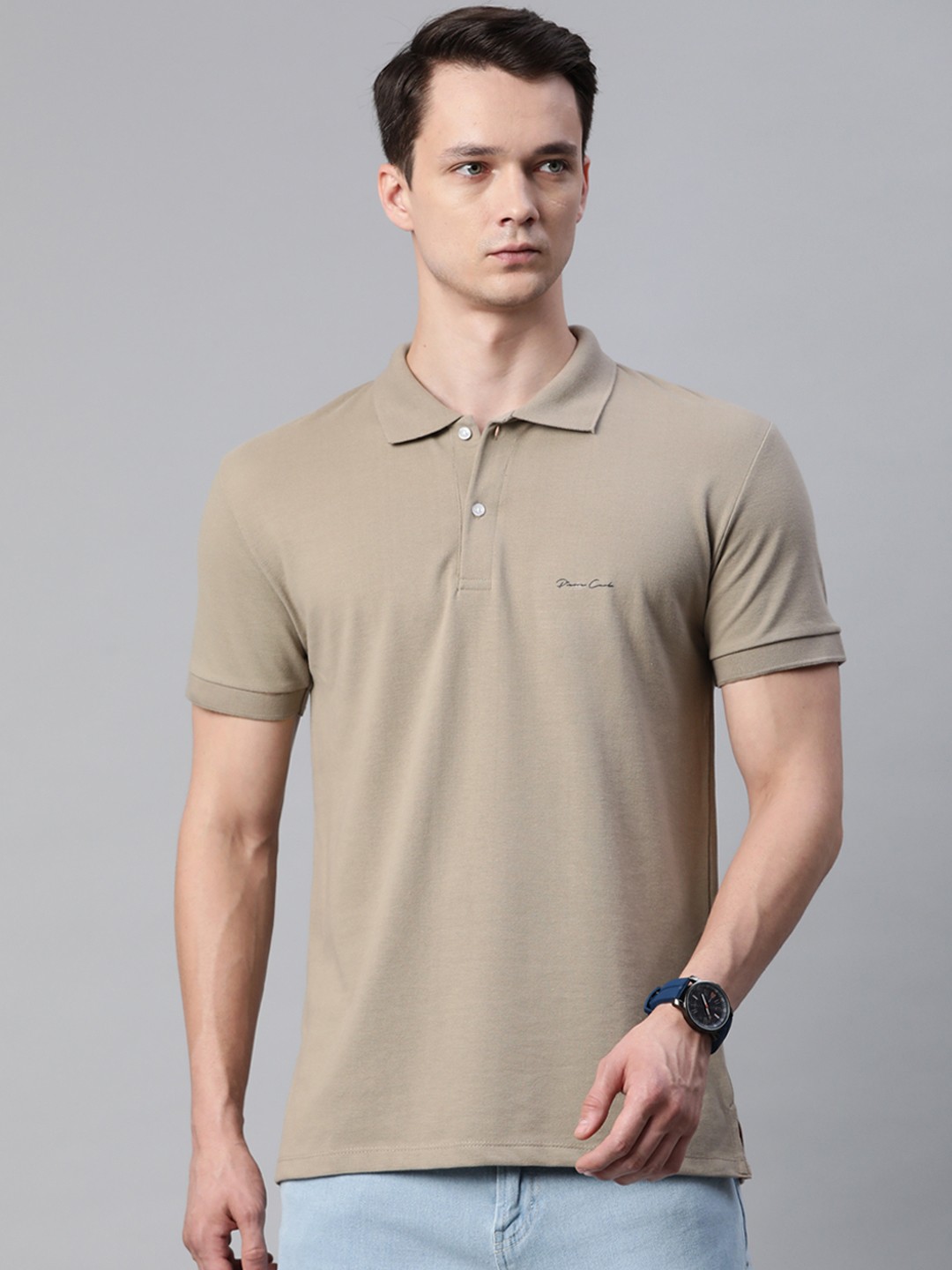 

Pierre Carlo Men Beige Solid Polo Collar T-shirt