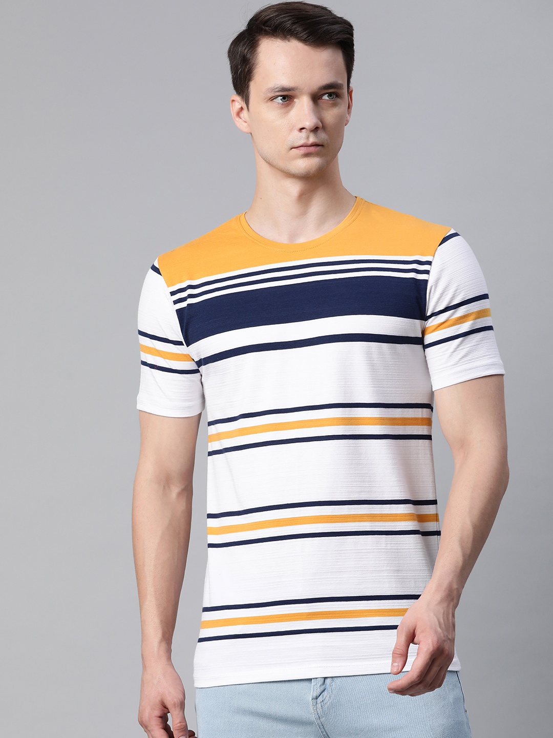 

Pierre Carlo Men White & Mustard Yellow Striped T-shirt