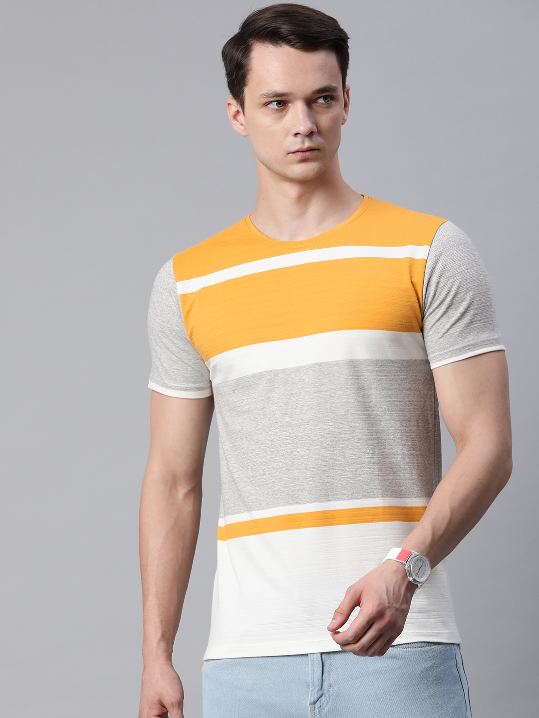 

Pierre Carlo Men Mustard Yellow & Grey Melange Colourblocked T-shirt