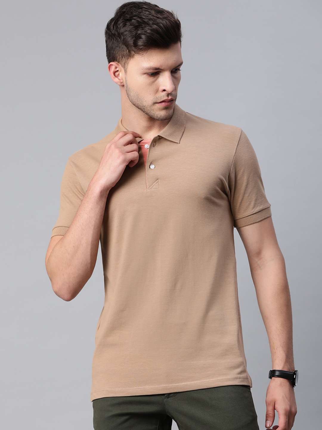 

Pierre Carlo Men Camel Brown Solid Polo Collar T-shirt