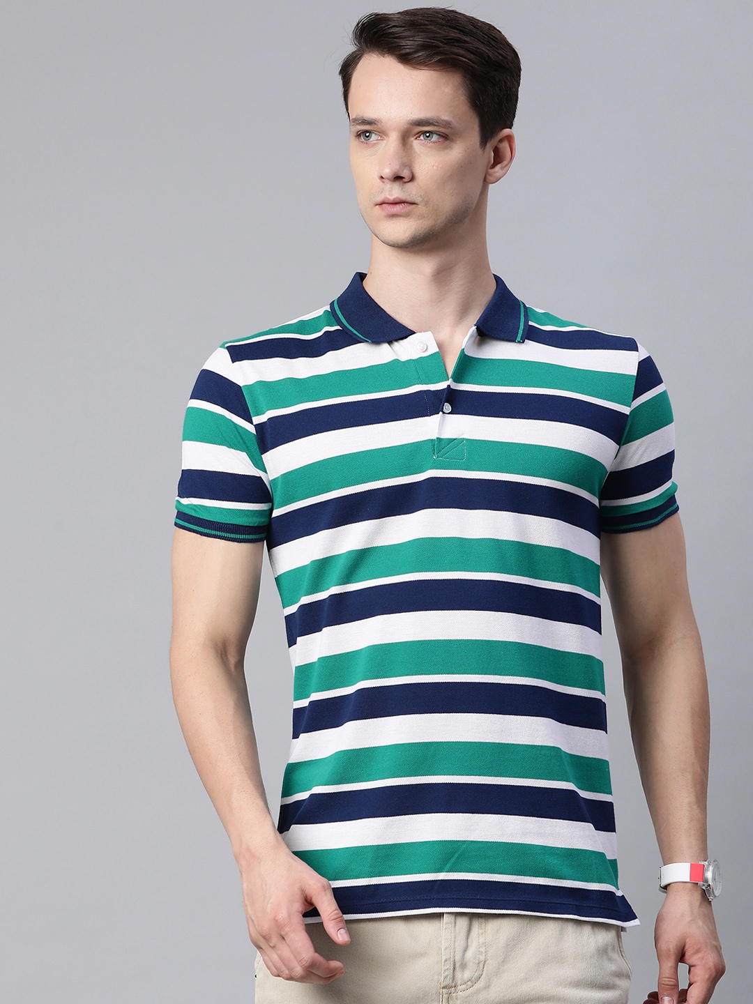 

Pierre Carlo Men Green & Navy Blue Striped Polo Collar T-shirt