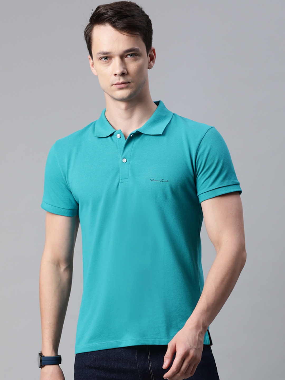 

Pierre Carlo Men Blue Solid Polo Collar T-shirt