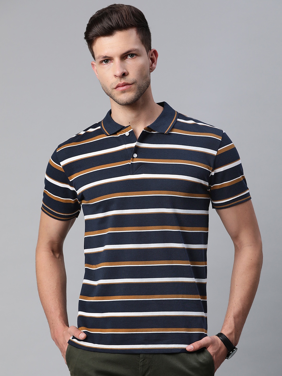 

Pierre Carlo Men Navy Blue & Brown Striped Polo Collar T-shirt