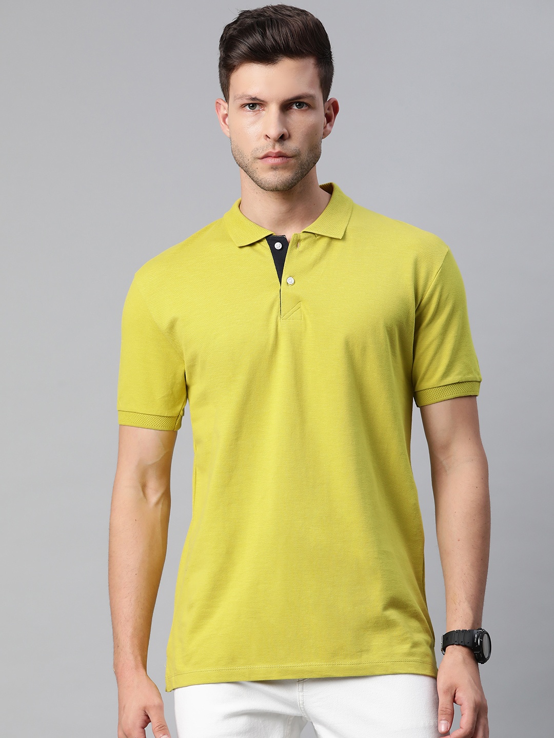 

Pierre Carlo Men Lime Green Solid Polo Collar T-shirt