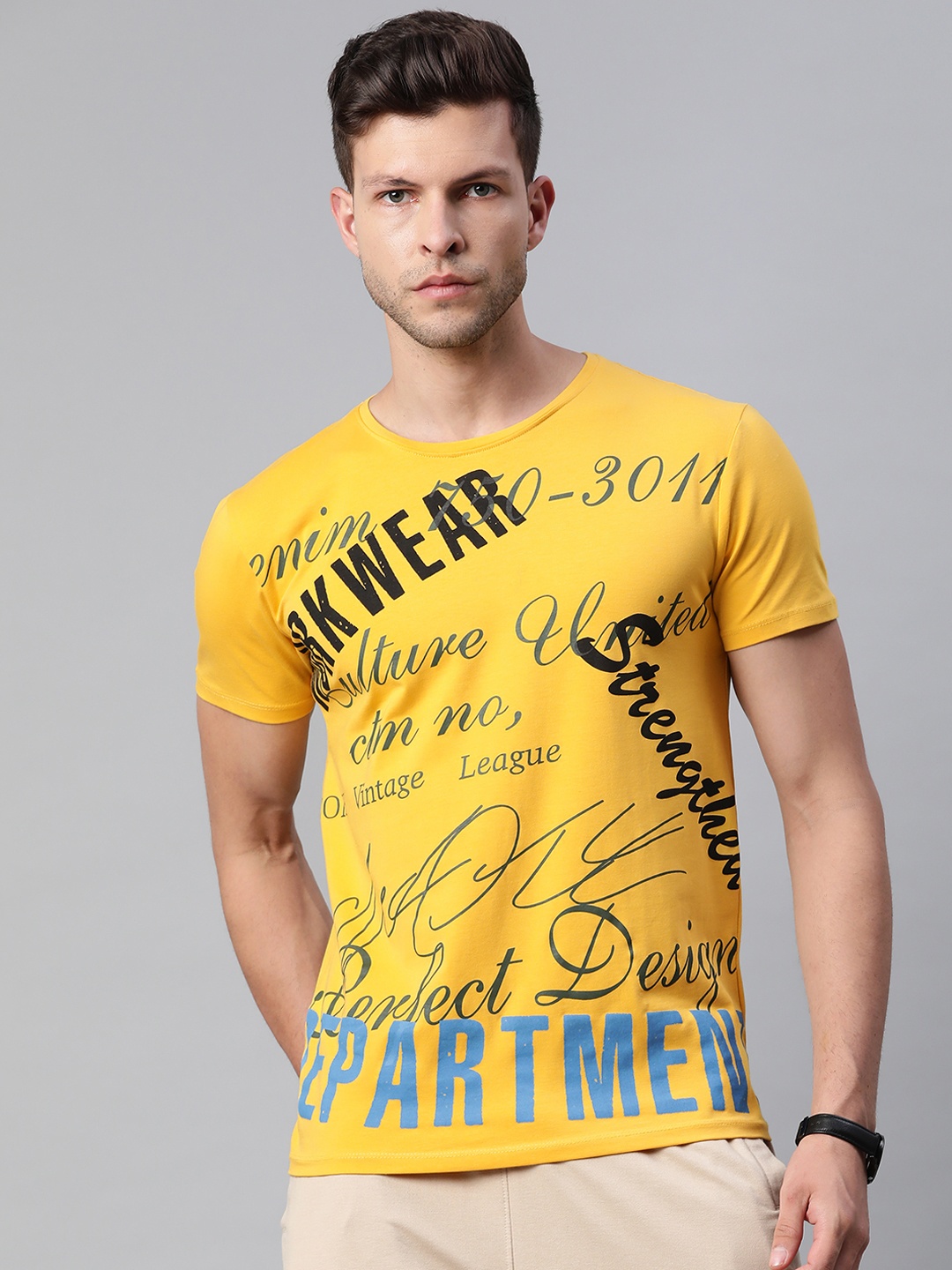 

Pierre Carlo Men Mustard Yellow & Blue Typography Printed T-shirt