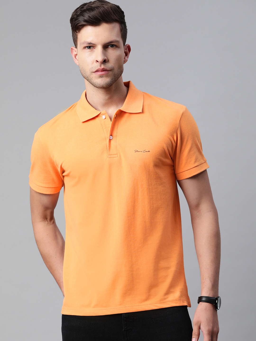 

Pierre Carlo Men Peach-Coloured Solid Polo Collar T-shirt