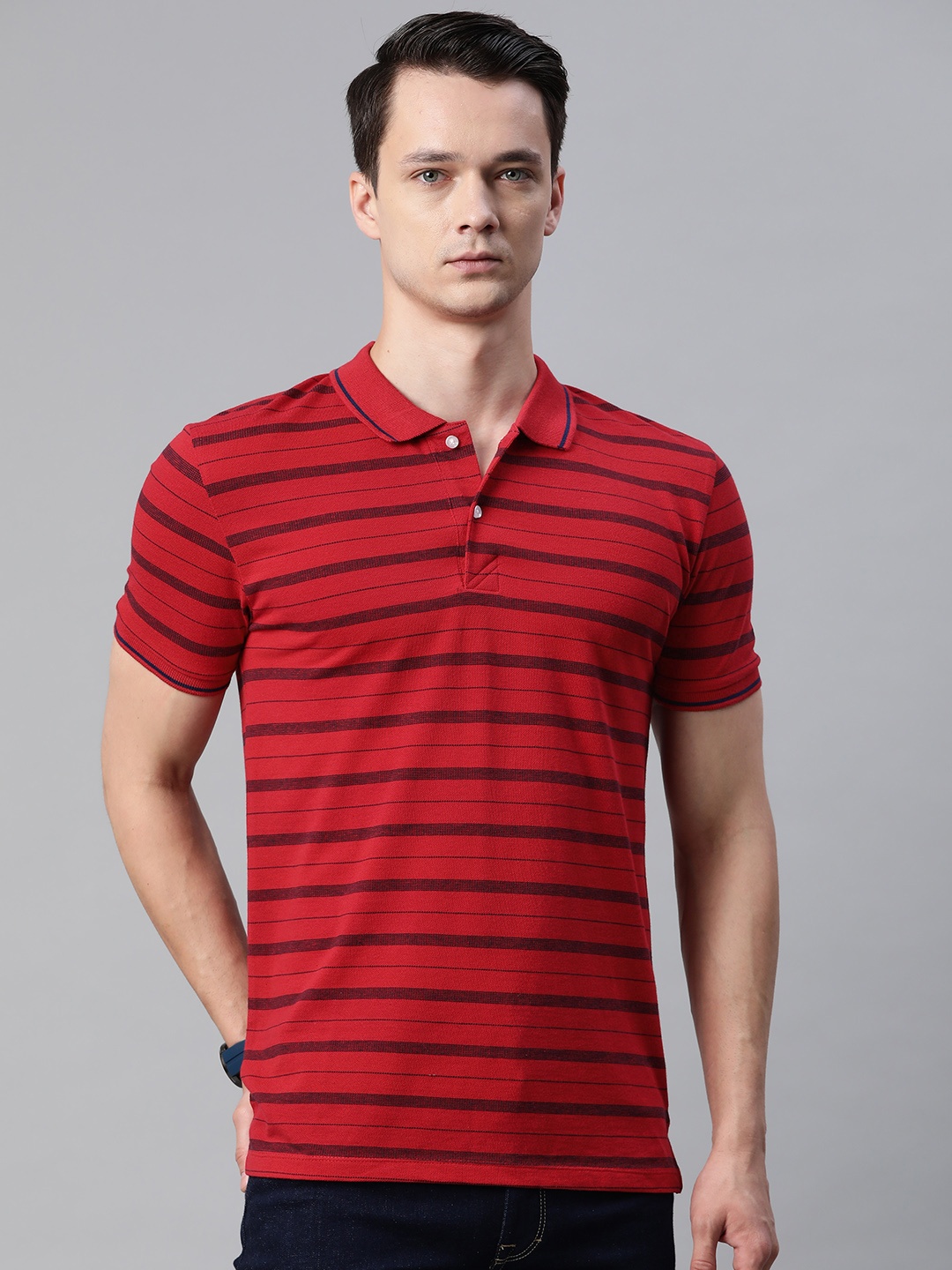 

Pierre Carlo Men Red & Navy Blue Striped Polo Collar T-shirt