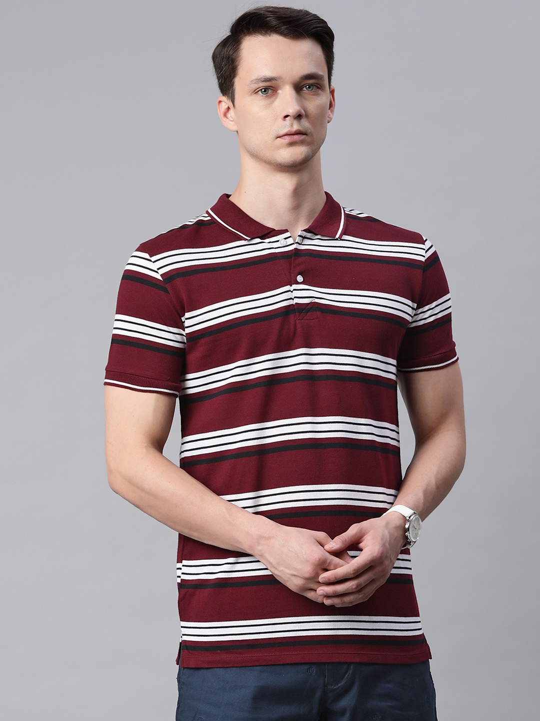

Pierre Carlo Men Maroon & White Striped Polo Collar T-shirt