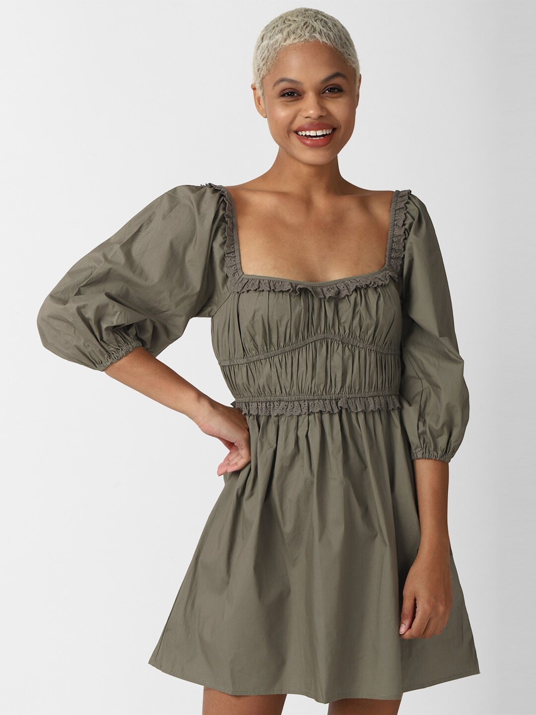 

FOREVER 21 Women Olive Green Solid A-Line Cotton Dress