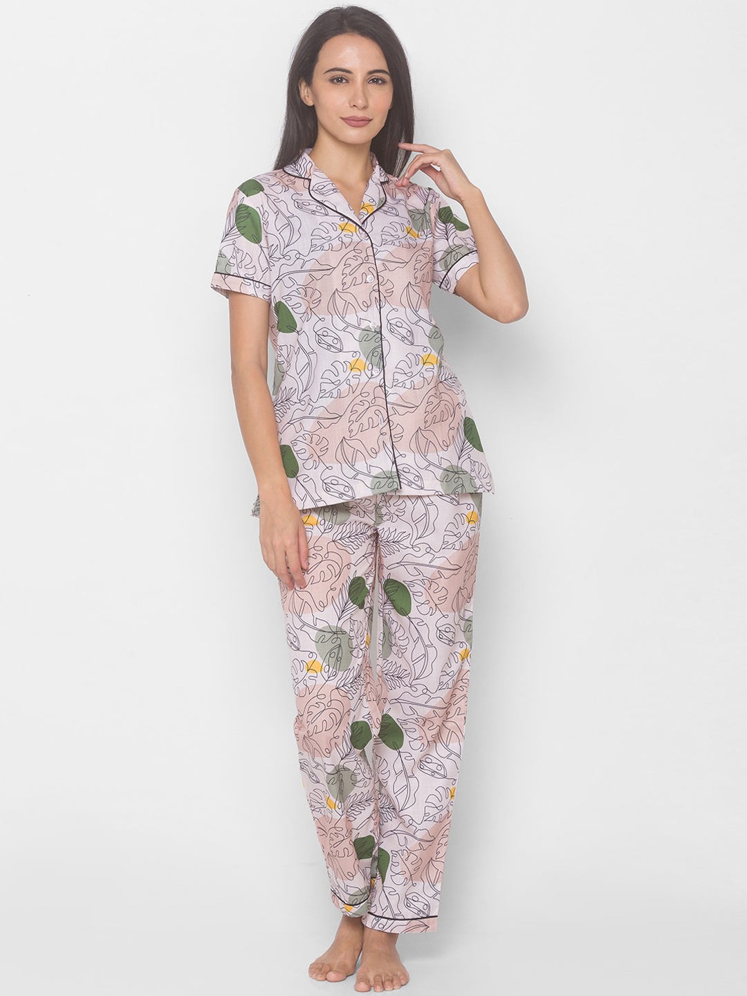 

NOIRA Women Beige & Off White Printed Pure Cotton Night suit