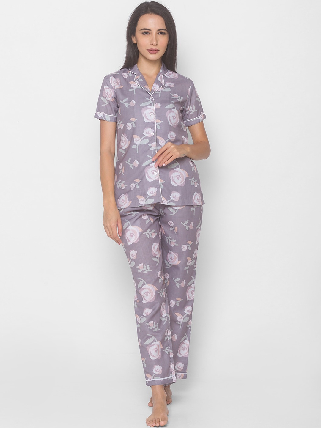 

NOIRA Women Grey Printed Pure Cotton Night Suit