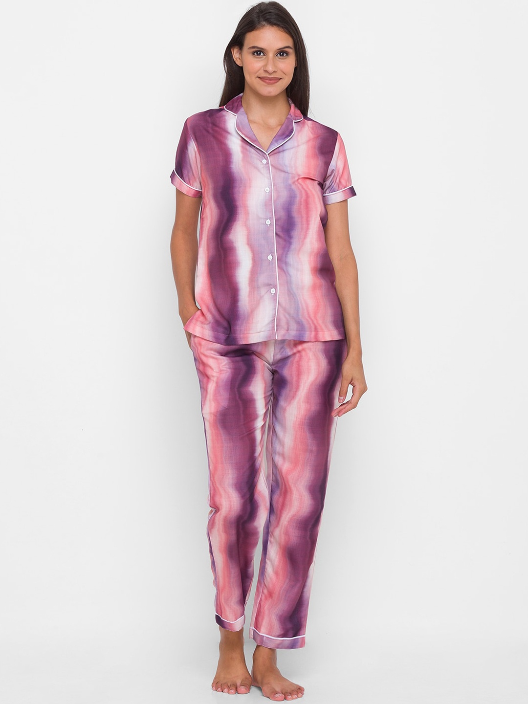 

NOIRA Women Purple & Pink Tie & Dye Printed Pure Cotton Night Suit