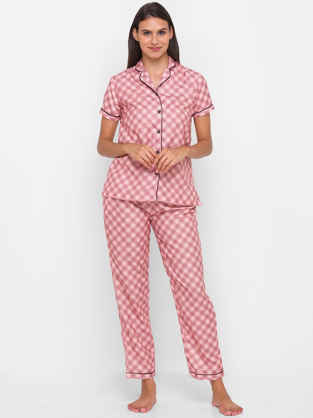 

NOIRA Women Brown Checked Pure Cotton Night suit