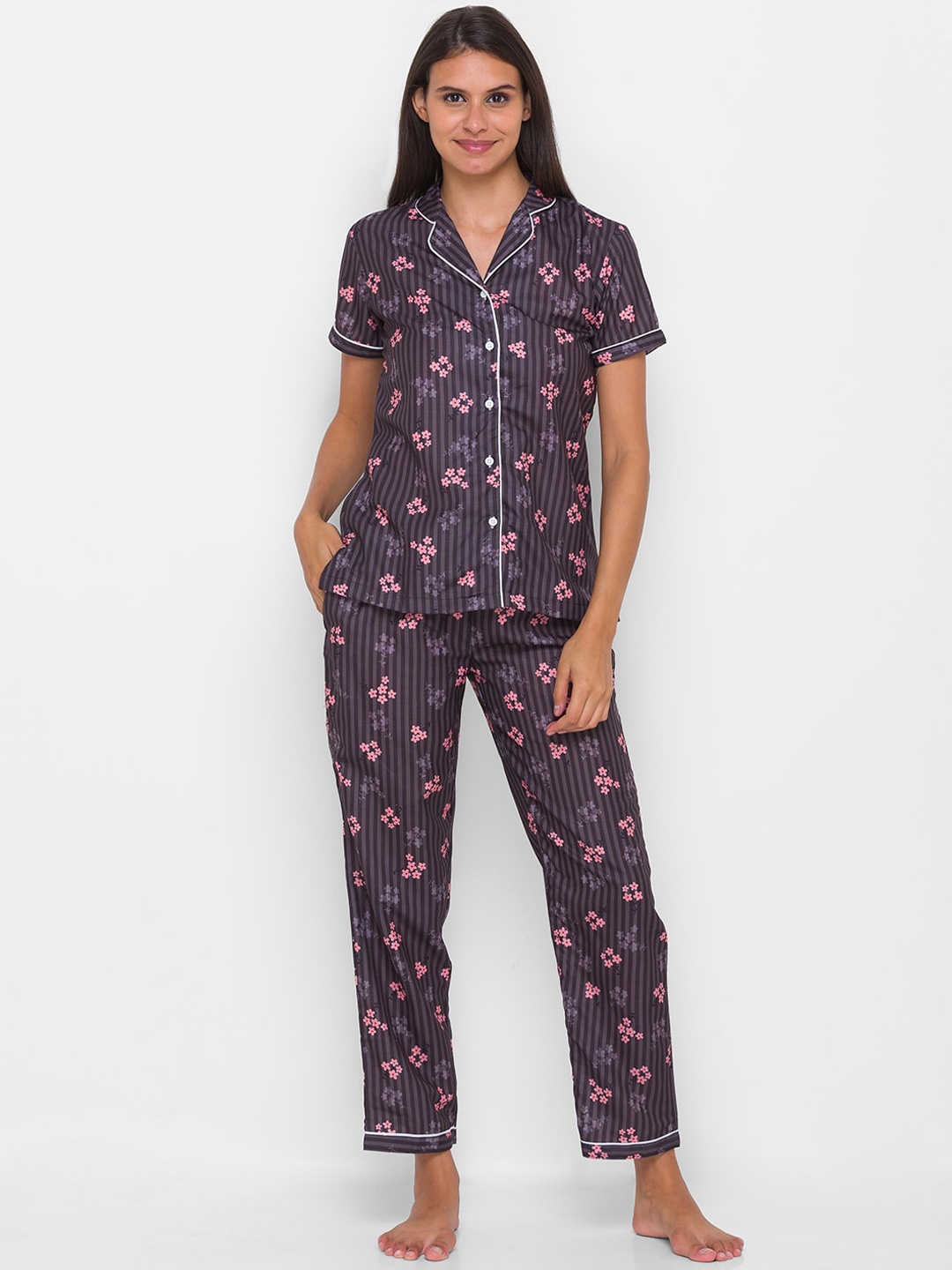 

NOIRA Women Brown & Pink Printed Pure Cotton Night suit