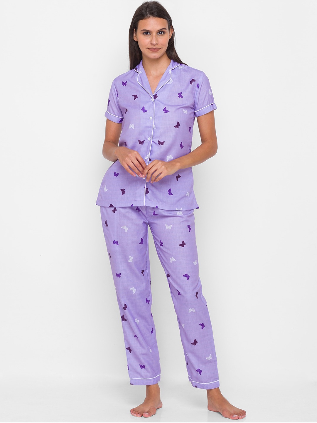 

NOIRA Women Purple & White Printed Pure Cotton Night suit