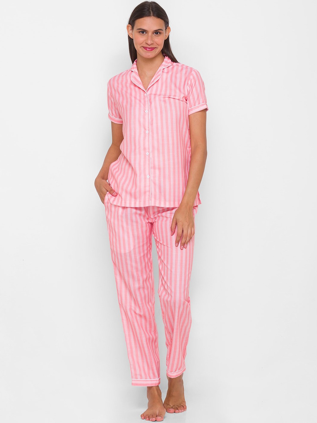 

NOIRA Women Pink & White Striped Pure Cotton Night suit