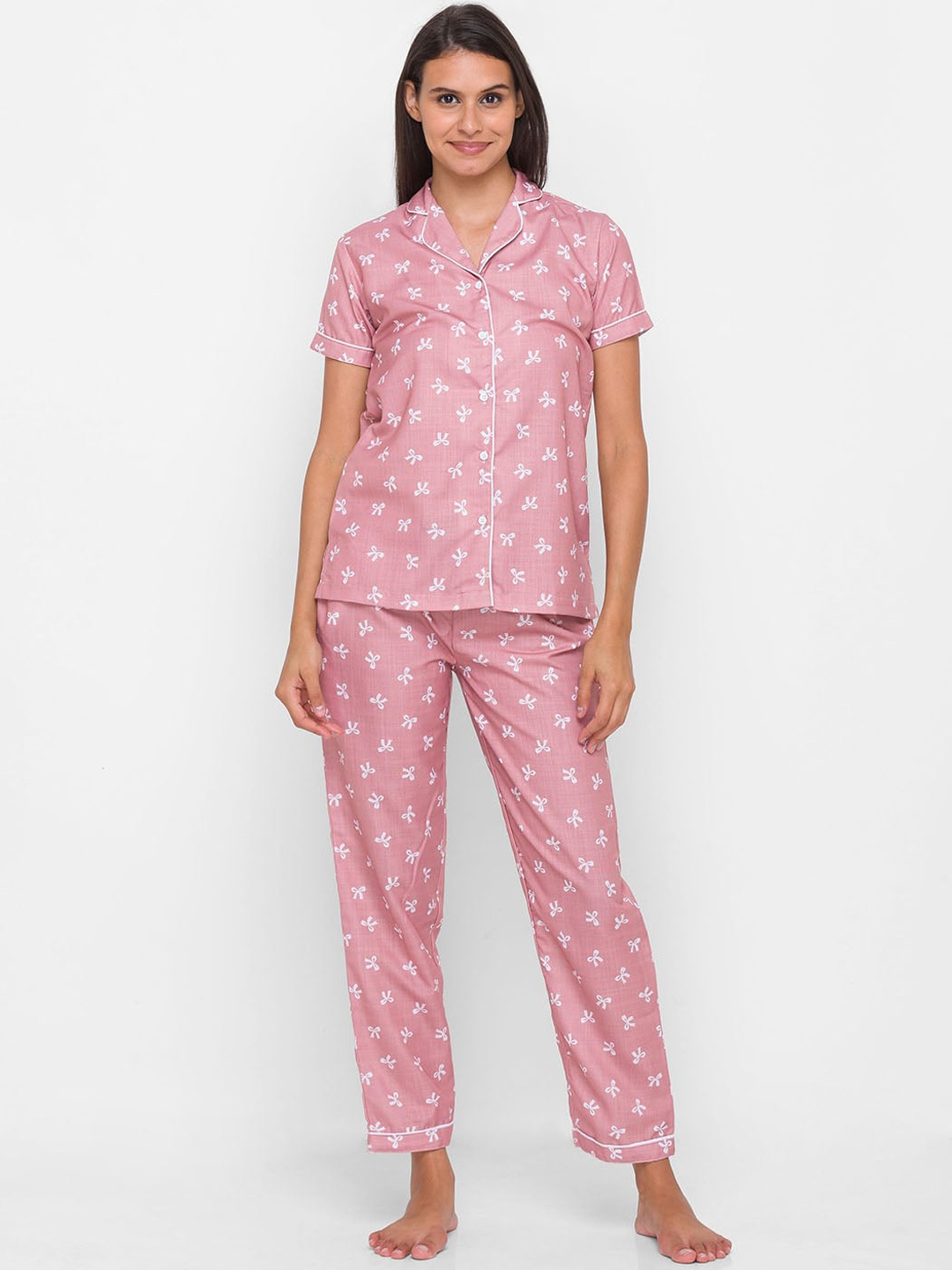 

NOIRA Women Brown & White Printed Pure Cotton Night suit