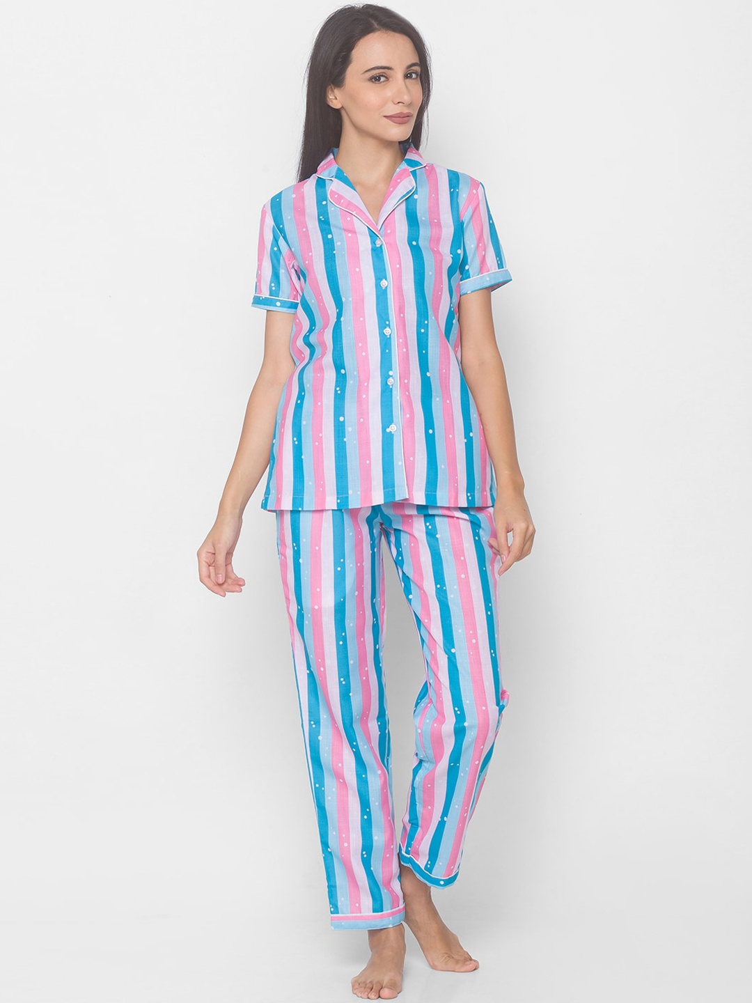 

NOIRA Women Blue & Pink Striped Pure Cotton Night suits