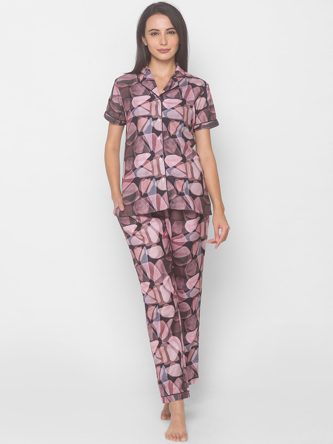 

NOIRA Women Black & Brown Printed Cotton Night suit